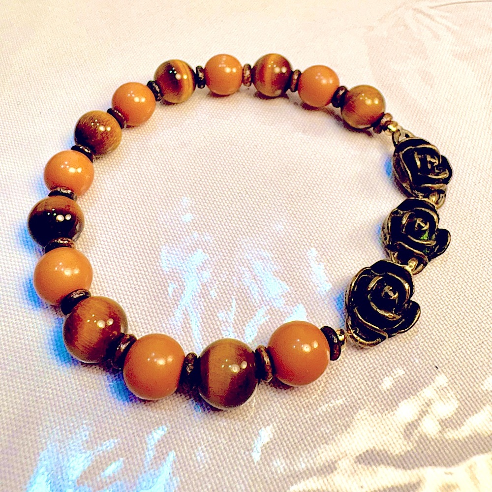 Handcrafted Bracelet Stretchy Tiger-Eye Rock Gemstones 3 Metal Roses Focal Point